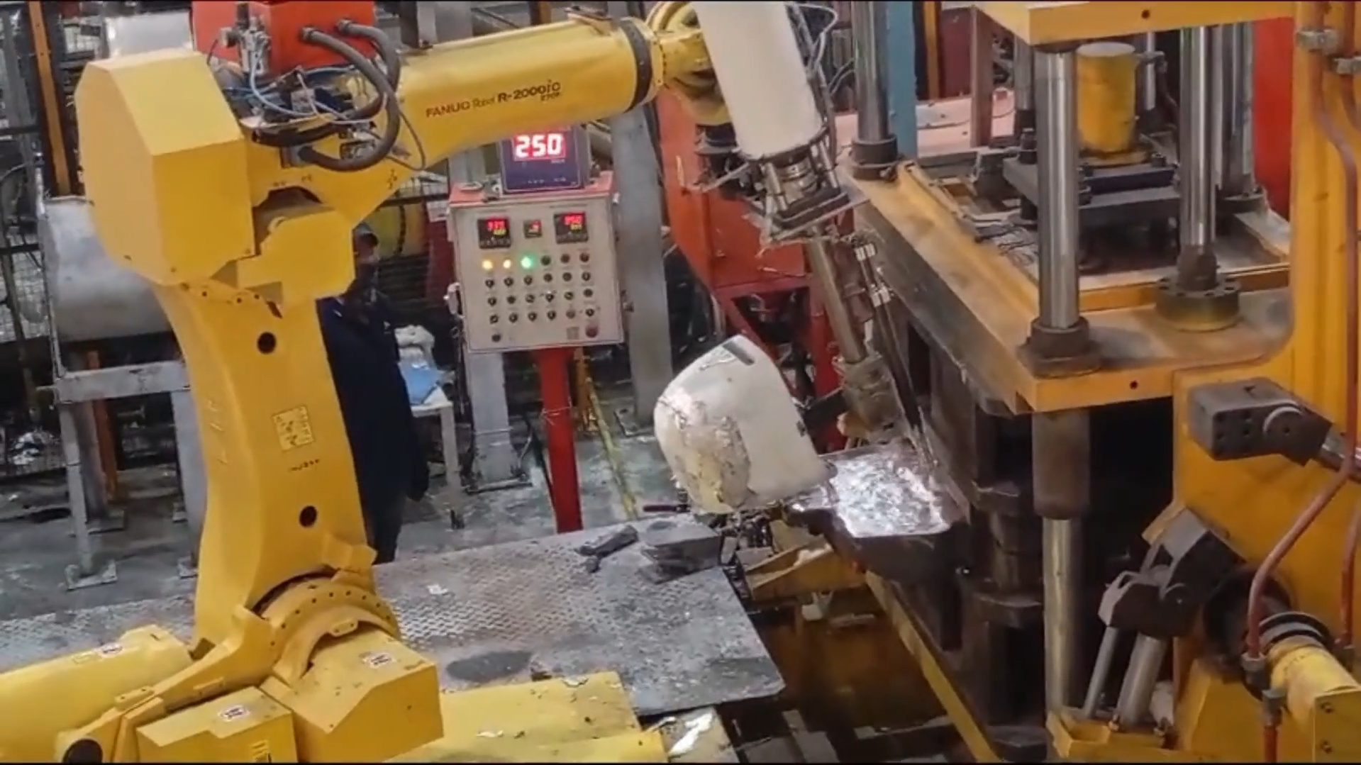 Foundry automation robot for molten metal pouring and die handling